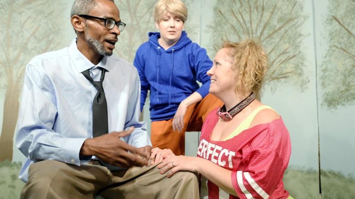 From left, Drisco Clemons, Renee Craycraft and Christina Fletcher rehearse a scene from Warner Robins Little Theatre’s “Sylvia.”