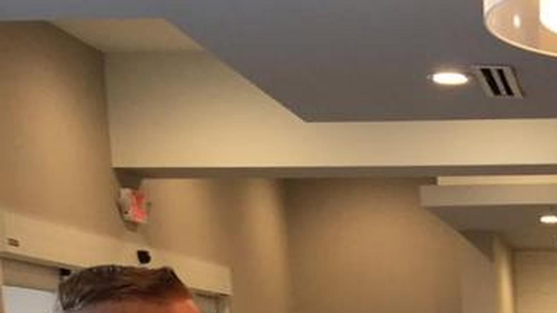 Lenny Ganz (Jack Branan), Claire Ganz (Brooke Woodard) and Chris Gorman (Jane Walker) offer skeptical looks to Cassie Cooper (Leighanne Mitchell), fourth from left, as she offers her view about what really happened to Mayor Charlie Brock in the Backlot Players production of “Rumors.”