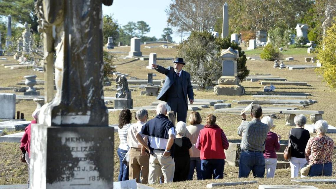 Joe Chitwood portrays businessman Charles Reb Massenburg during the 2016 “Spirits in October” at Riverside Cemetery.