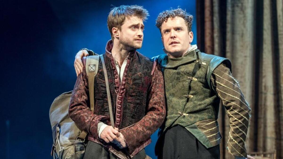 Daniel Radcliffe and Joshua McGuire in the NT Live production of “Rosencrantz & Guildenstern Are Dead.” See it Sunday at the Douglass Theatre.