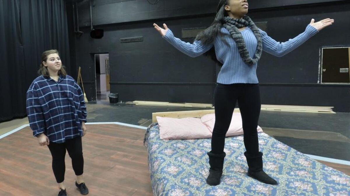 Isabelle King, left, and Sydney King practice their roles in “Edgy Bits.”