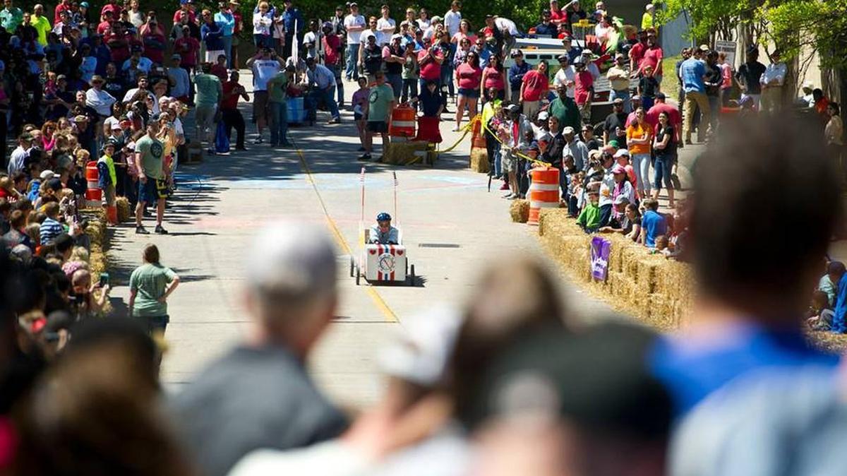 The WMAZ entry makes it way down the course at the 2016 Magnolia Soap Box Derby.