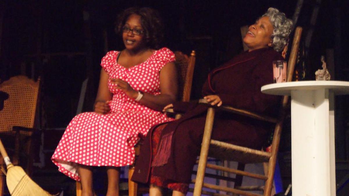Deedra Hardrick, left, and Latasha Price rehearse a scene from Macon Little Theatre’s production of “The Trip of Bountiful.”
