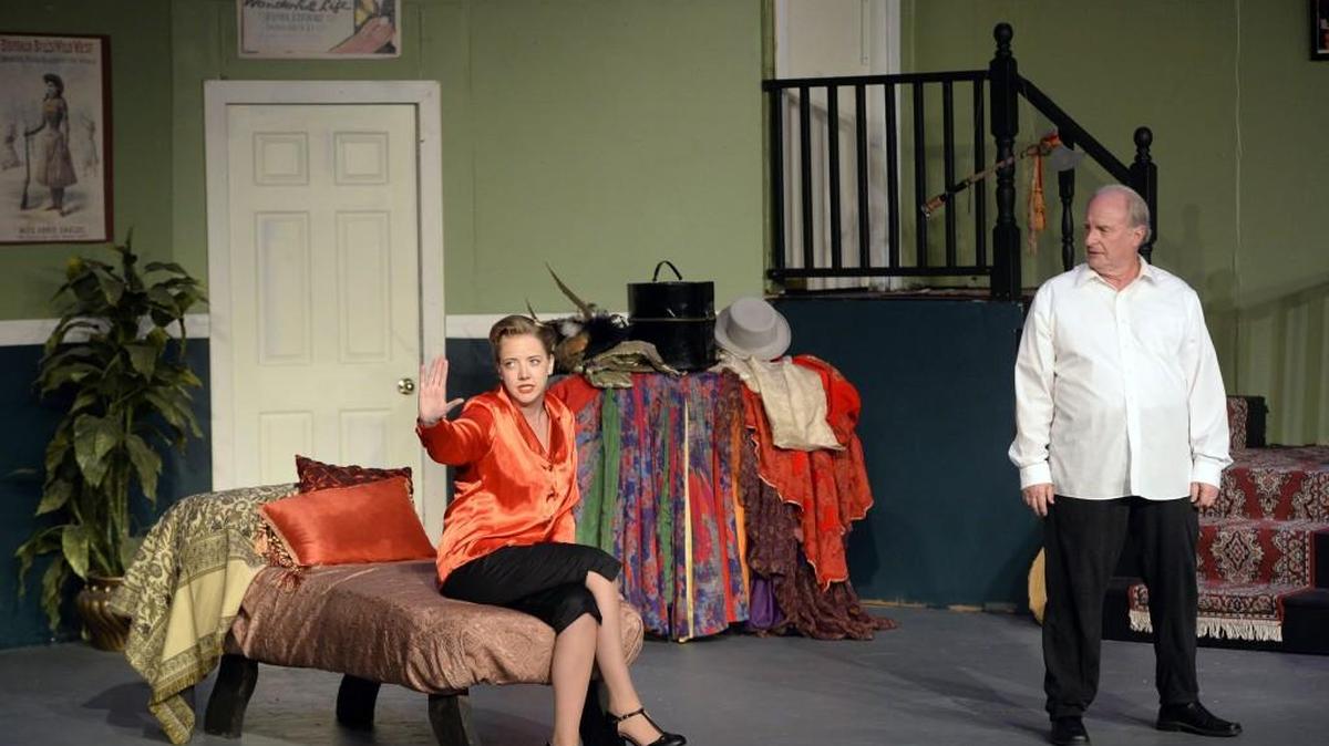 Charlotte Hay (Kacy Polk) and husband, George (John Jones), in Macon Little Theatre’s production of “Moon Over Buffalo.”