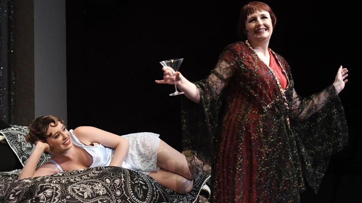 Georgia Olson as the Drowsy Chaperone and Sara Koohang as Janet Van De Graaff in Theatre Macon’s “The Drowsy Chaperone.”