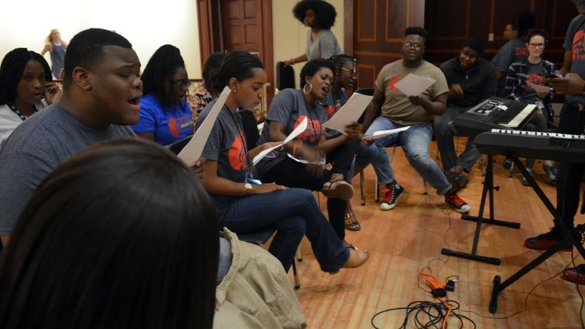 Otis Music Camp students rehearse last week for their public performance on Friday at the Cox Capitol Theatre.
