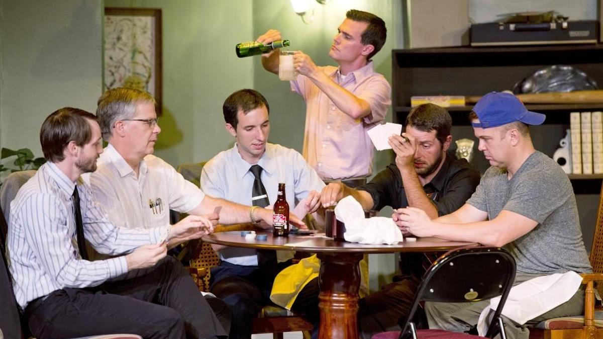 Members of the cast of Macon Little Theatre’s production of “The Odd Couple” rehearse a scene.