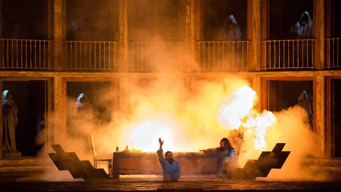 Simon Keenlyside, left, plays the title role in the Metropolitan Opera’s production of “Don Giovanni.”
