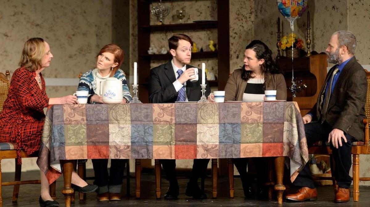 Miriam Goldman (Peg Jones), Sarah Goldman (Rachel Dotson), Ralph (Joseph Whidby), Joelle (Elizabeth Lengel), and Abe Goldman (Matthew Dotson) have dinner and a little bit of drama in the Macon Little Theatre production of “Beau Jest.”