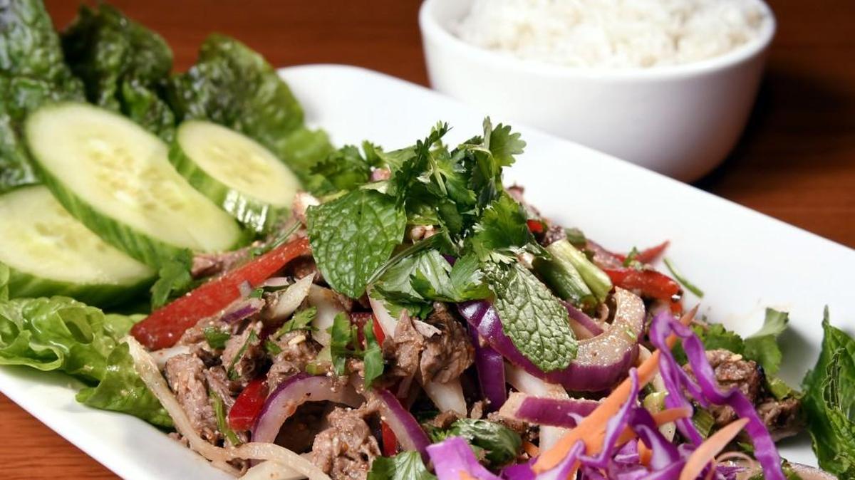 Thai beef salad with steamed rice at Sang’s Thai Isaan restaurant in downtown Macon.