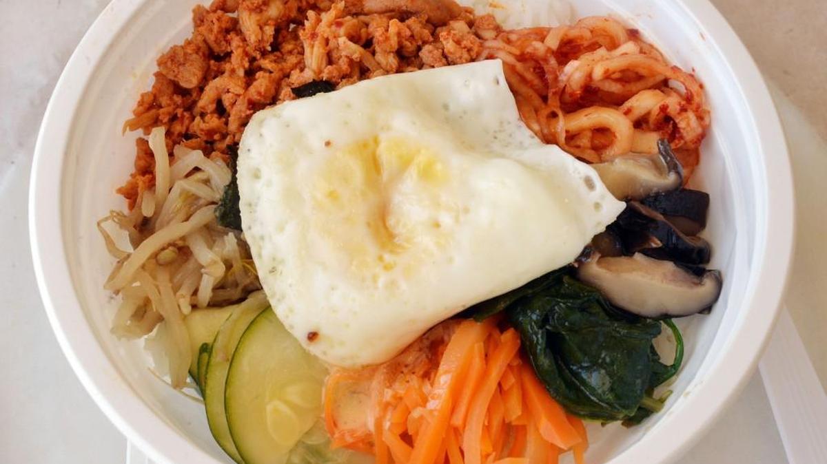 Bibimbap rice bowl with spicy Korean chicken from Chico and Chang.