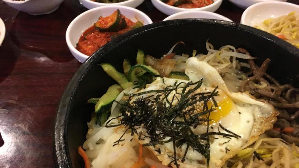 Vegetable Bibimbop with Banchan is one of the choices available at Choi's Korean Restaurant.