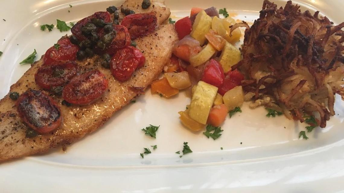 Filetto di Pangasio with mixed vegetables and potato gratin