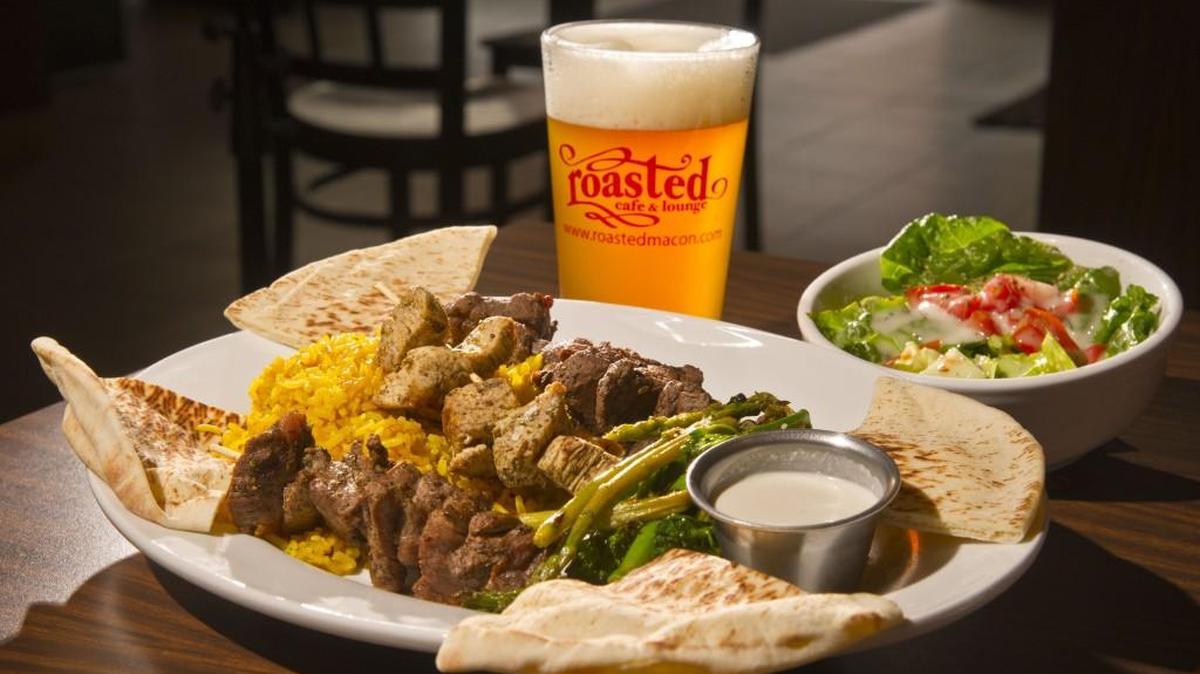 The mixed plate from Roasted includes chicken, steak and lamb kababs and serves two.
