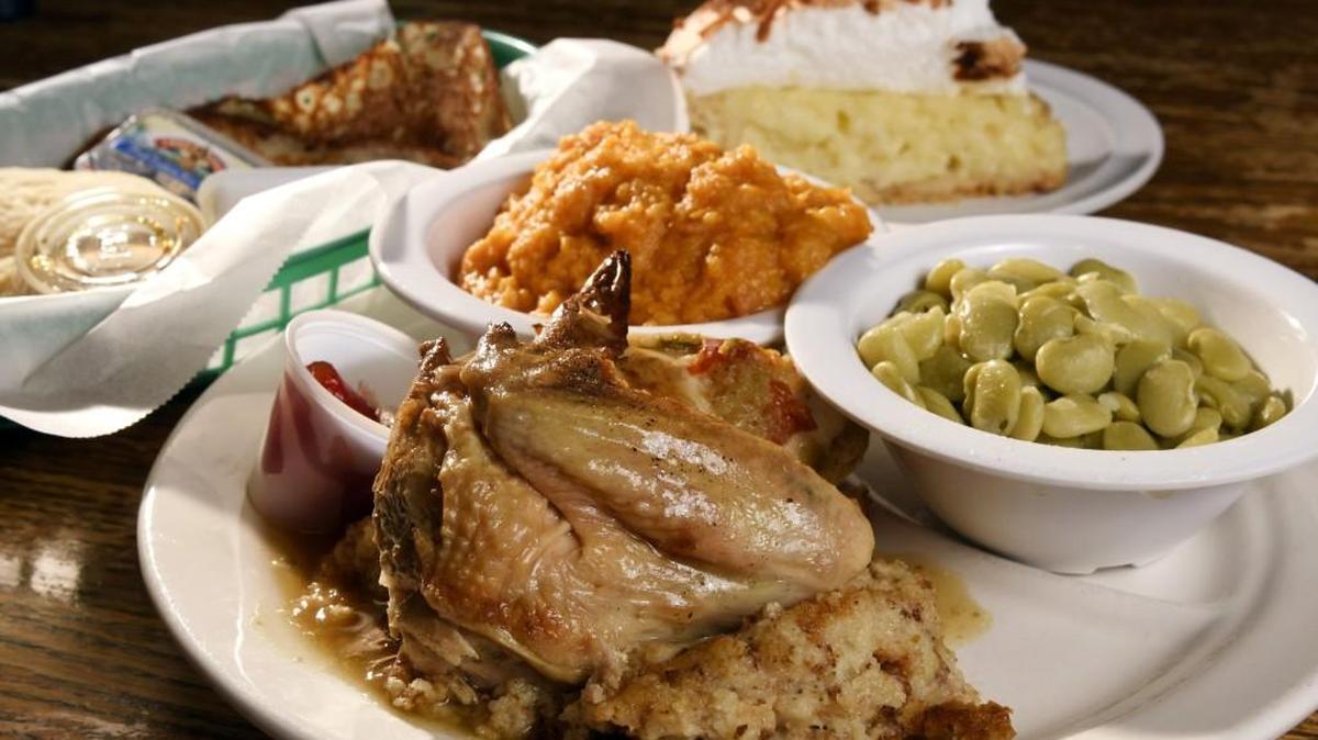 Enjoy baked chicken with dressing, butter beans and sweet potato souffle, with coconut pie for dessert at Jeneane’s at Pinebrook.