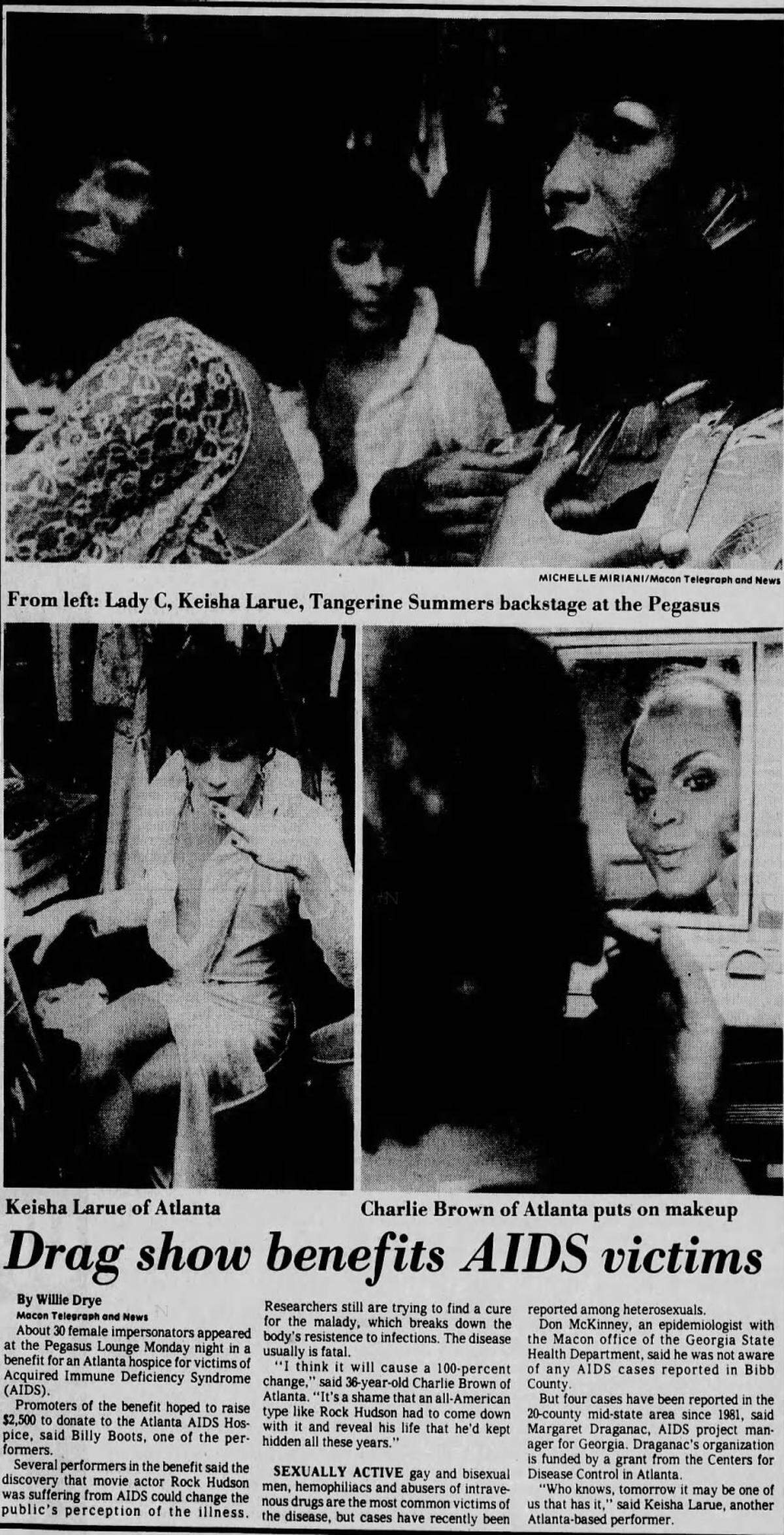 An article from the Macon Telegraph in 1985 covering a drag show. Money compiled from the show would be donated to the Atlanta AIDS Hospice.