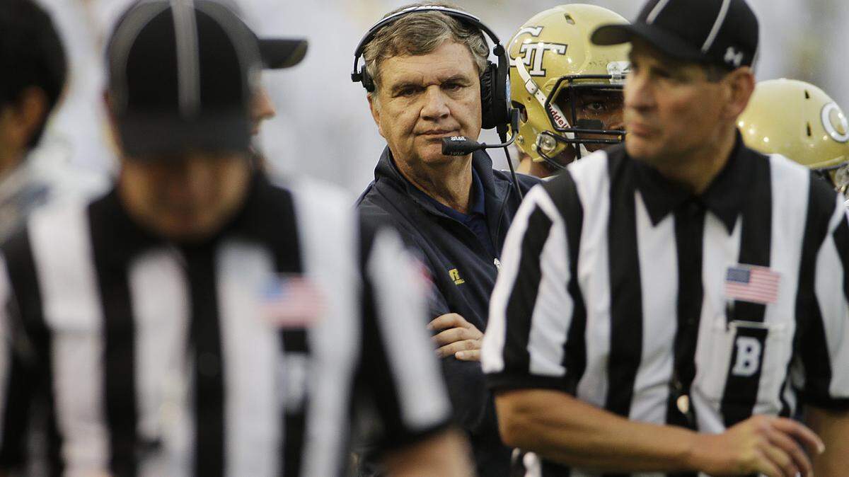 Georgia Tech head coach Paul Johnson looks on during the third quarter of an NCAA college football game against North Carolina Saturday, Oct. 3, 2015, in Atlanta. North Carolina won 38-31. (AP Photo/David Goldman)