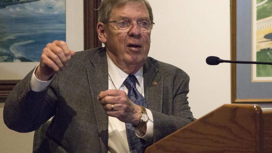 U.S. Sen. Johnny Isakson, R-Georgia, speaks at the Museum of Aviation in Warner Robins on Wednesday.