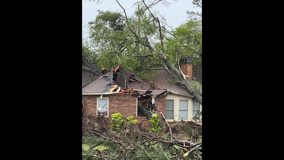 A severe storm system moved through Middle Georgia Tuesday afternoon, damaging houses and power lines, including this Statham’s Landing House in Houston County.
