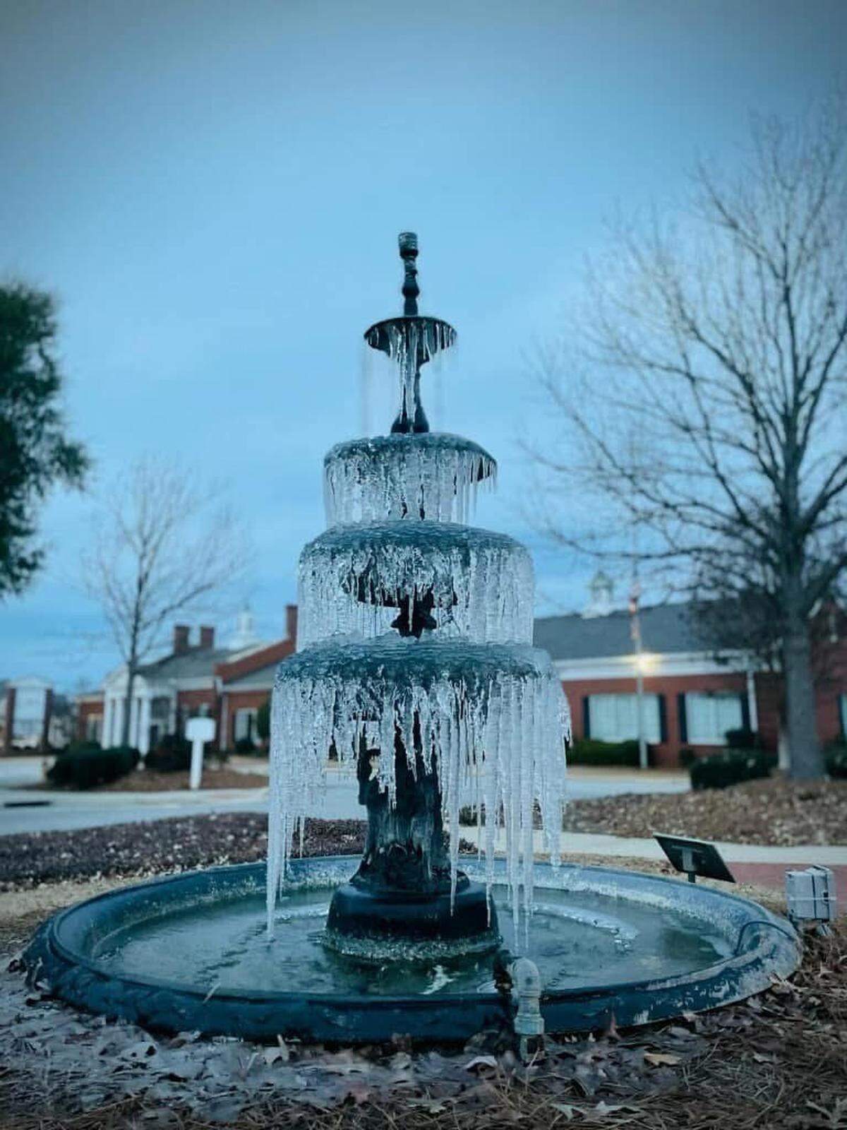 Frozen fountain Tuesday in downtown Perry,