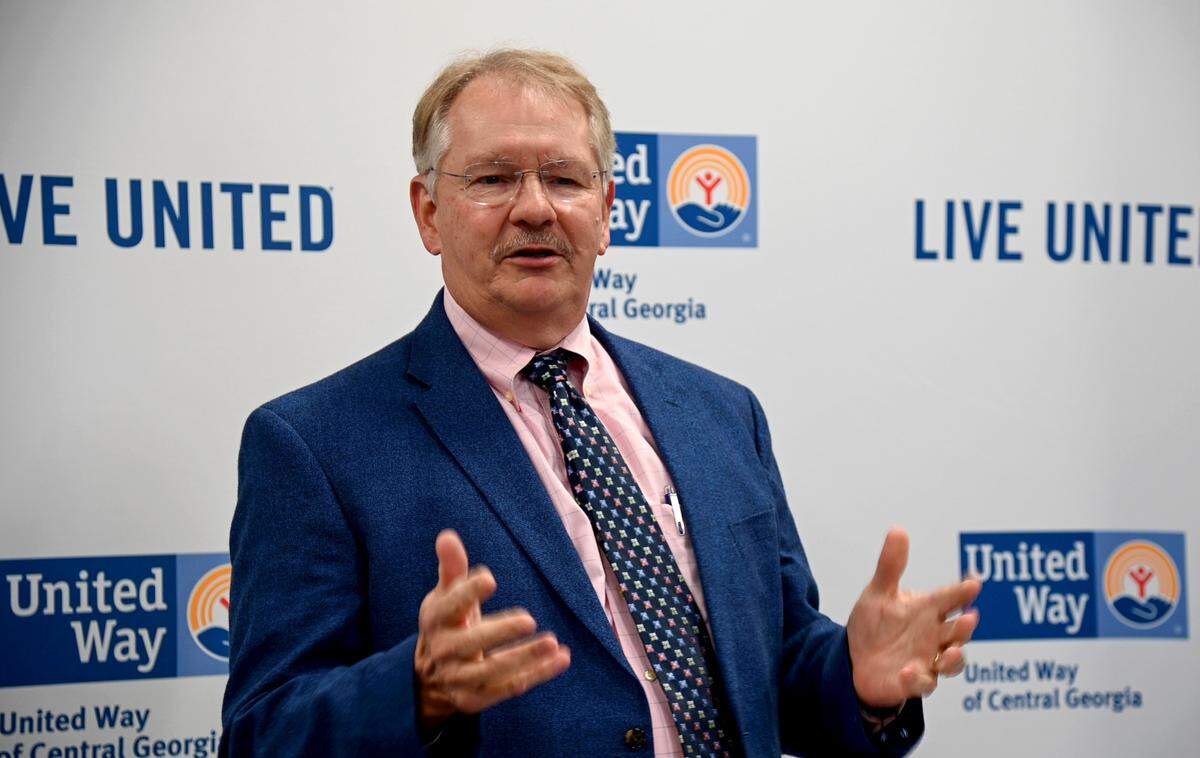 United Way of Central Georgia President & CEO George McCanless announces Pink Promise United initiative partnership with Atrium Health Navicent and Houston Healthcare Monday.