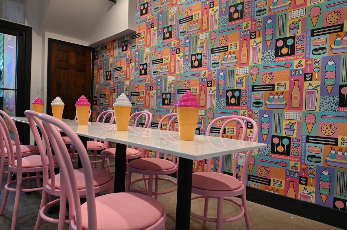 The party room sits off of the main space inside of Shuster’s Candy and Creamery on Friday, July 18, 2025, in Macon, Georgia. Owners Jonathan and Tennille Shuster wanted to create the atmosphere of an old fashioned candy shop with a contemporary twist.