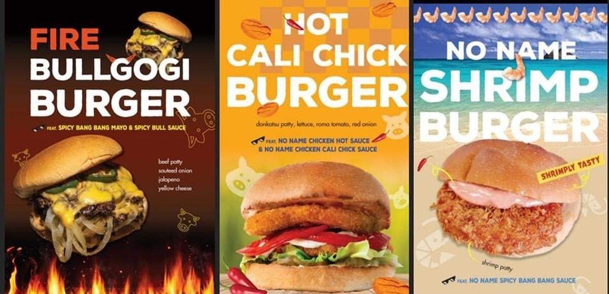 No Name Burger celebrates its grand opening Wednesday. Three of the restaurant’s burger creations are shown above. Photo is cropped.