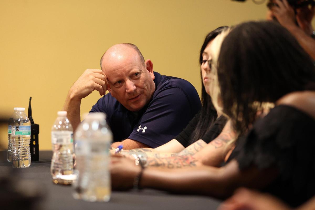 Macon-Bibb County Fire Chief Shane Edwards (left) speaks with the judging panel during auditions for the 2026 Middle Georgia Firefighter Calendar on Thursday, May 22, 2025, at the Macon City Auditorium in Macon, Georgia. Over 60 Macon-Bibb firefighters tried out for 36 spots in the calendar and a portion of the proceeds raised from the calendar will go to the Atrium Health Navicent Beverly Olson Children’s Hospital in Macon.