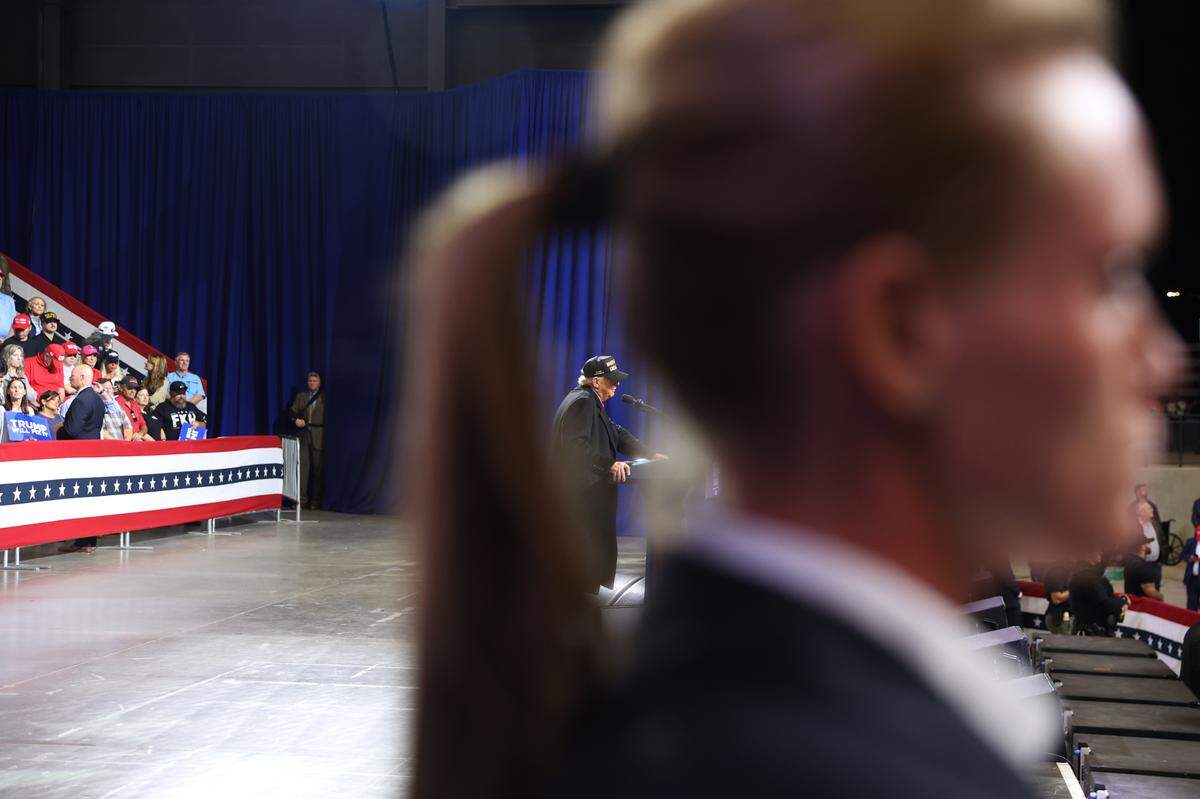 Republican presidential candidate Donald Trump wraps up his remarks at his “Make America Great Again” rally on Sunday, Nov. 3, 2024, at Atrium Health Amphitheater in Macon, Georgia.