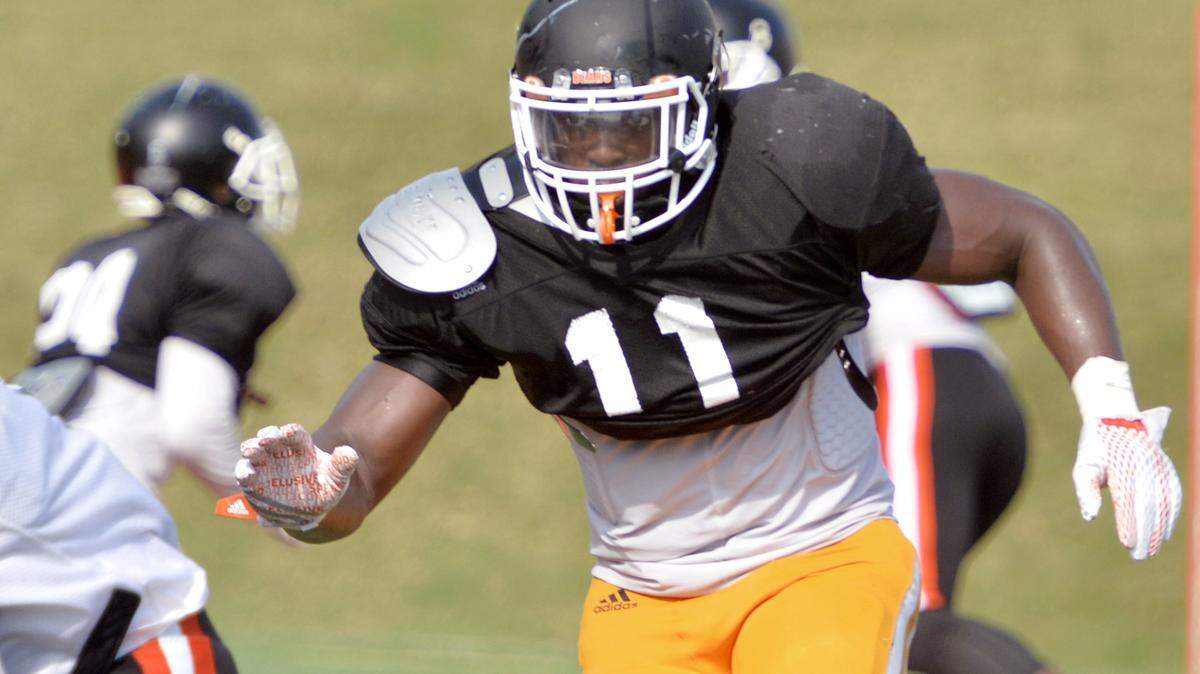 JASON VORHEES/THE TELEGRAPHMercer linebacker Tosin Aguebor missed the Bears’ 2014 season after suffering a preseason injury.