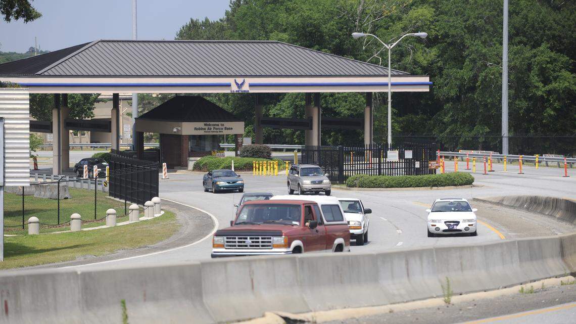 The Robins Air Force Base gate on Russell Parkway is pictured in this 2010 file photo before a three-phase construction project to improve security and safety on base.