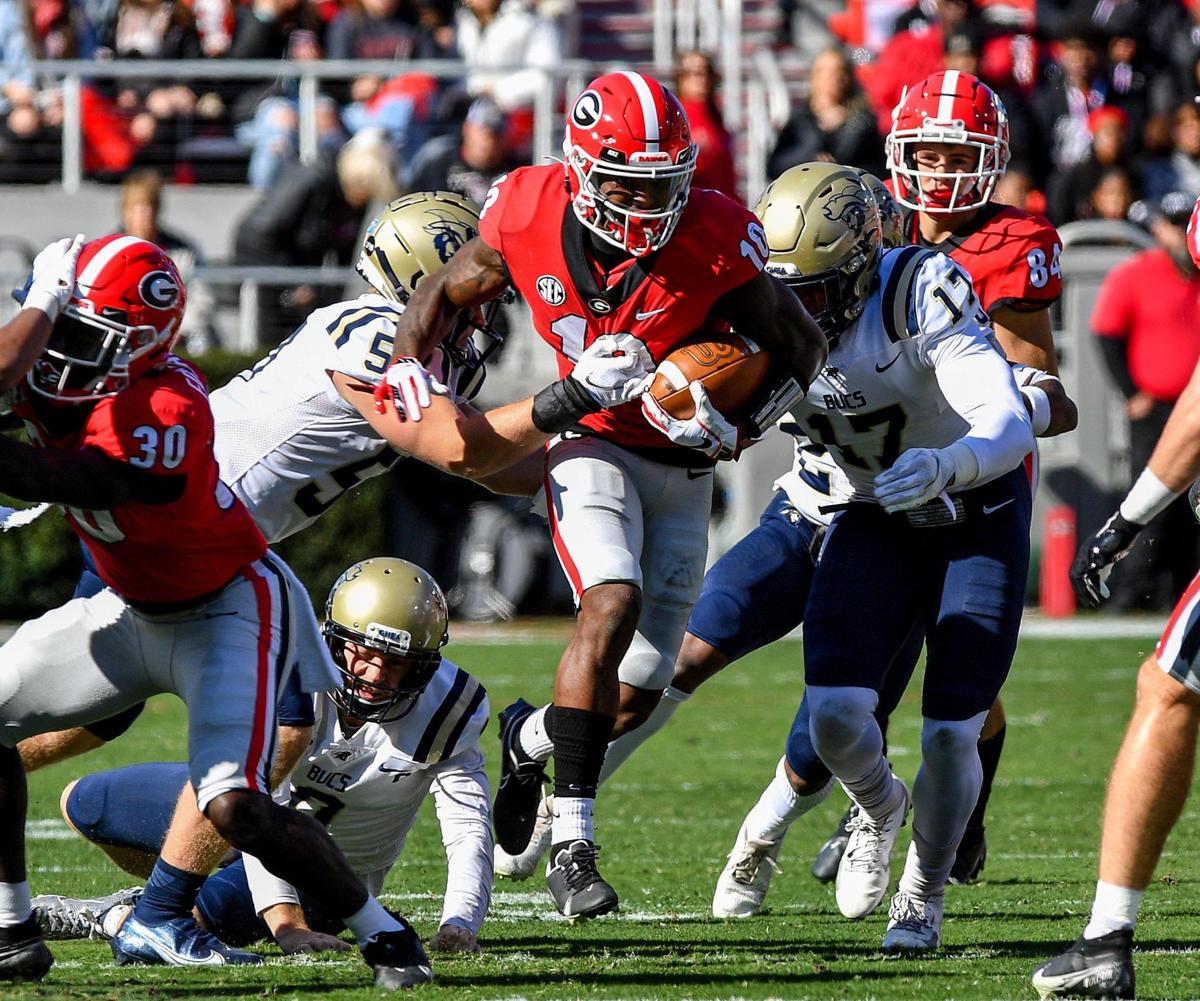 Georgia Bulldog Kearis Jackson on a kick return Saturday as the Bulldogs beat Charleston Southern 56-7.