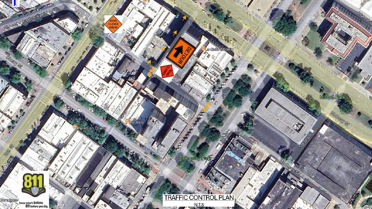 A traffic control plan map shows a portion of Mulberry Street Lane was closed and a detour was available on Second Street Lane in downtown Macon, Ga. between Oct. 13 and Oct. 15, 2025.