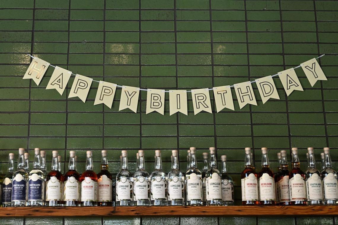 A birthday banner hangs inside of Longleaf Distillery for their second birthday celebration on Saturday, April 19, 2025, in Macon, Georgia. Longleaf Distillery Co. is the only distillery in Middle Georgia and creates multiple spirits in house.