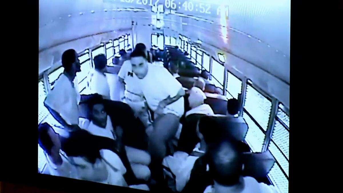 A still from the security footage of a Georgia prison bus. The video, which shows inmates Donnie Russell “Whiskey” Rowe and Ricky “Juvie” Dubose escape, was played for jurors at Rowe’s murder trial.