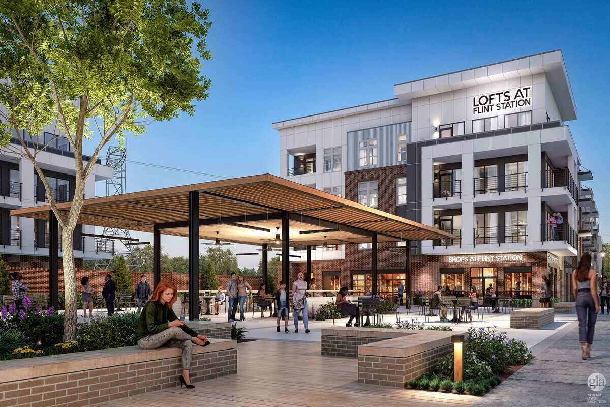 Rending of the retail plaza at the Lofts at Flint Station going up near the corner of South Houston Lake Road and Russell Parkway.