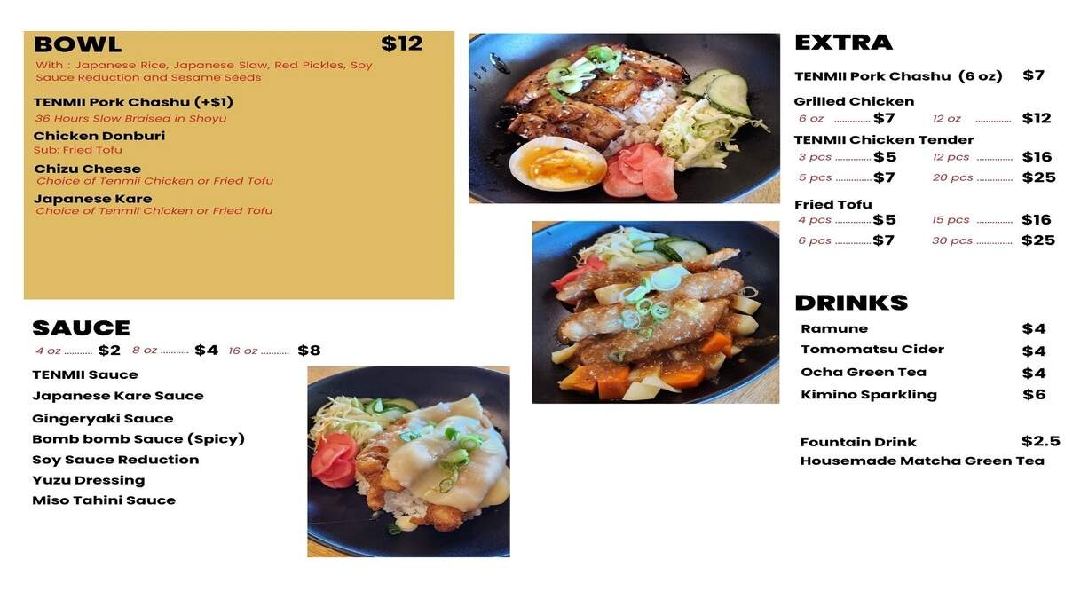 Menu options from Tenmii Japanese Eatery at 1625 Bass Road, Suite 330, in the North Macon Plaza.
