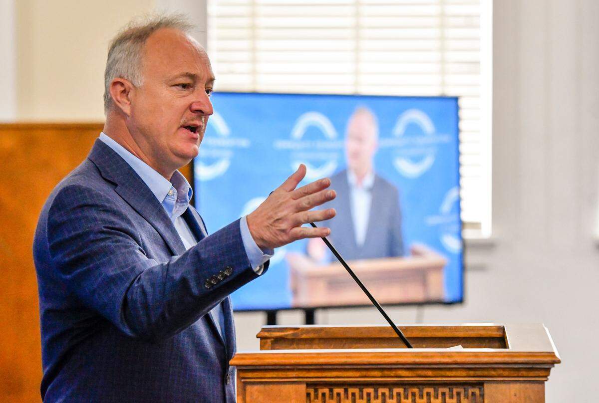 Macon-Bibb County Mayor Lester Miller speaks Tuesday during a press conference to announce the recipients of MVP grants.