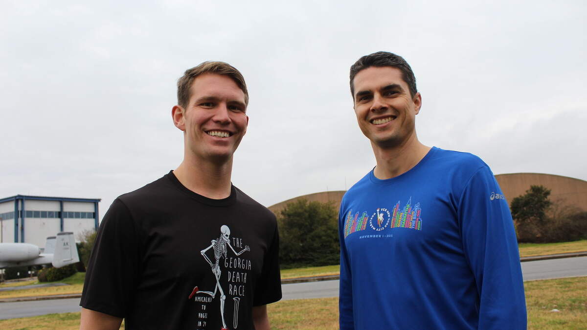 Matthew Krauss, left, and Richard Elmore are J-STARS pilots and two of the top long-distance runners in Middle Georgia.