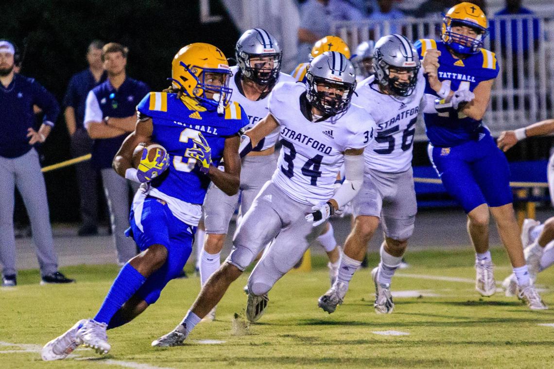 CLAY TEAGUE/FOR THE TELEGRAPH Macon, GA, 10/7/22 Tattnall Square Academy’s Antone Johnson gets around Stratford Academy’s Cal Hatcher.