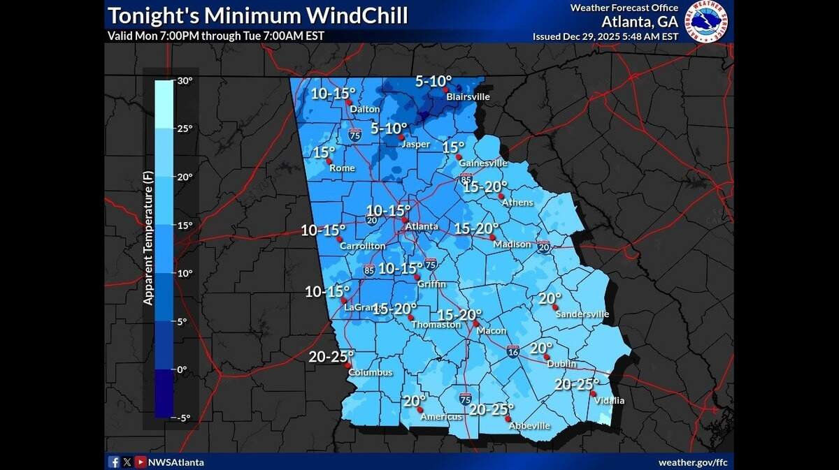 Wind chills in Georgia are expected to go well below freezing.