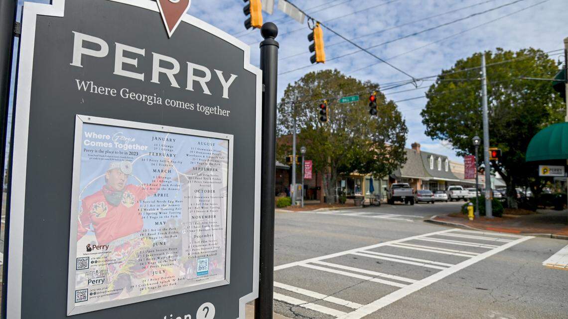 City event information board at the corner of Carroll and Ball streets in downtown Perry.