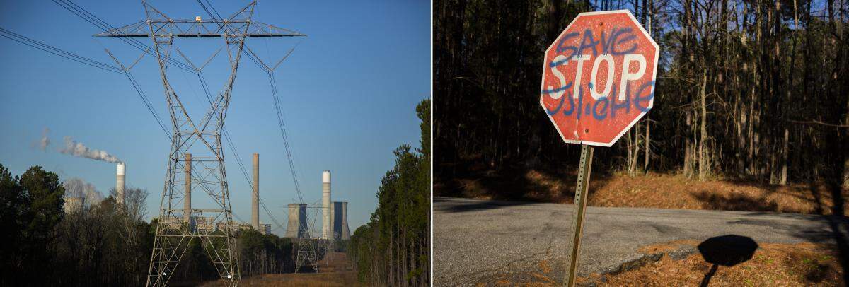 Georgia Power’s Plant Scherer, left, and a graffitied sign not far from the plant in Juliette, right.