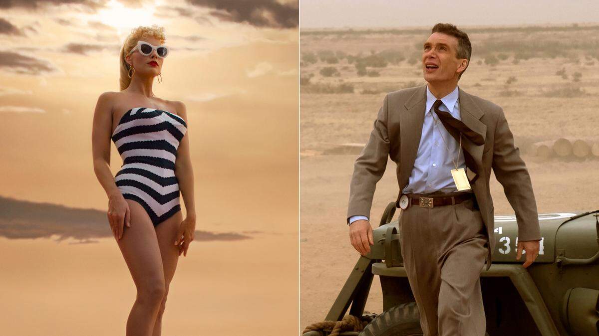 This combination of images shows Margot Robbie in a scene from “Barbie,” left, and Cillian Murphy in a scene from “Oppenheimer.”