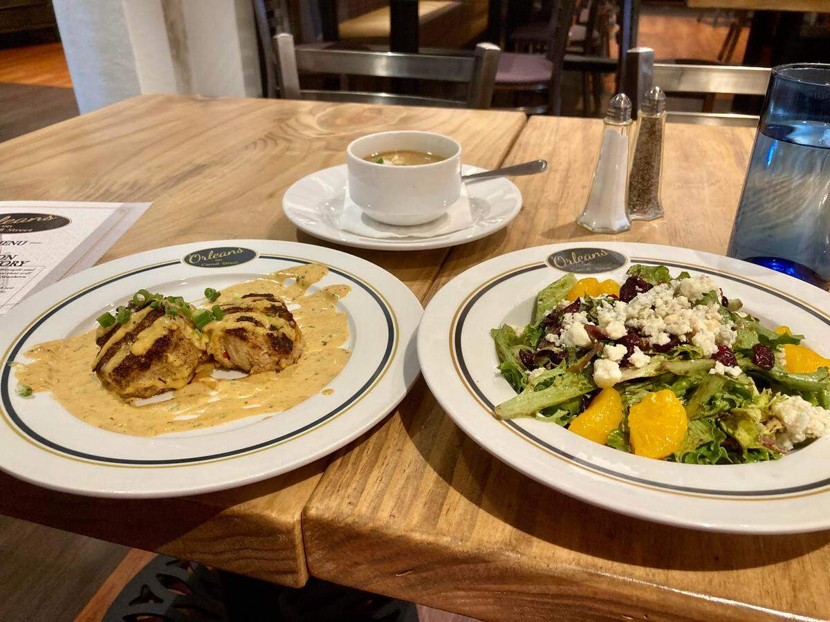 A cup of gumbo, ‘Olreans salad and crab cakes at ‘Orleans on Carroll Street in downtown Perry.