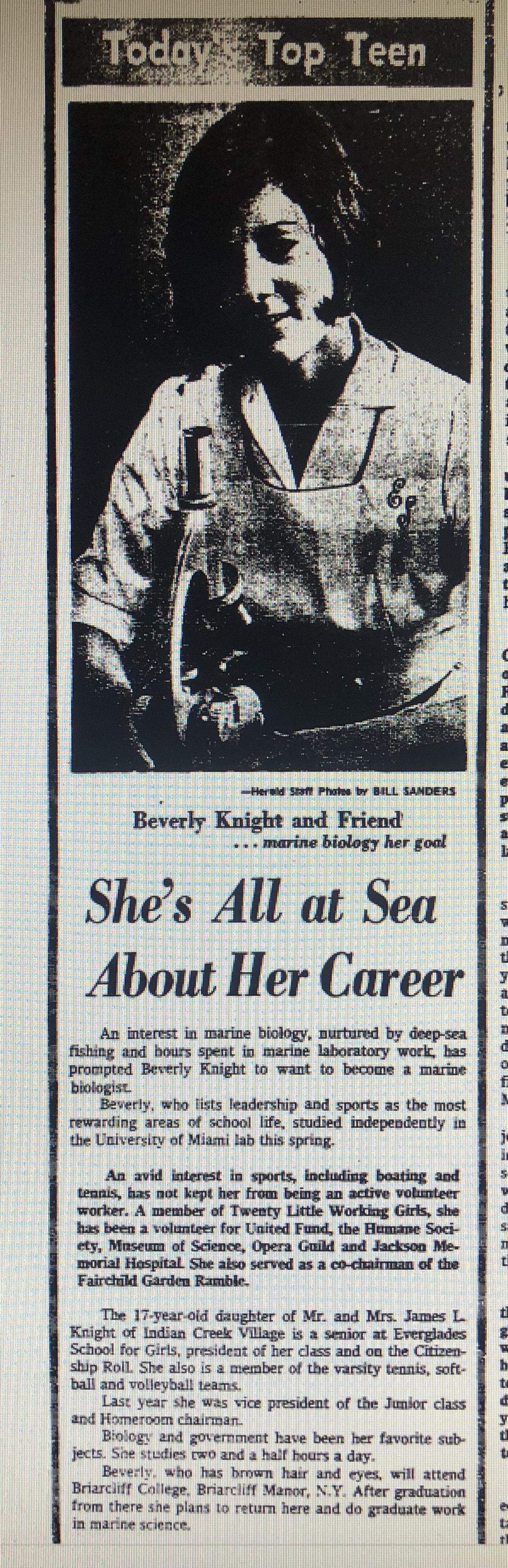 A clipping from the Miami Herald in May 1968 describes a young Beverly Knight and tells of her aspiration to become a marine biologist.
