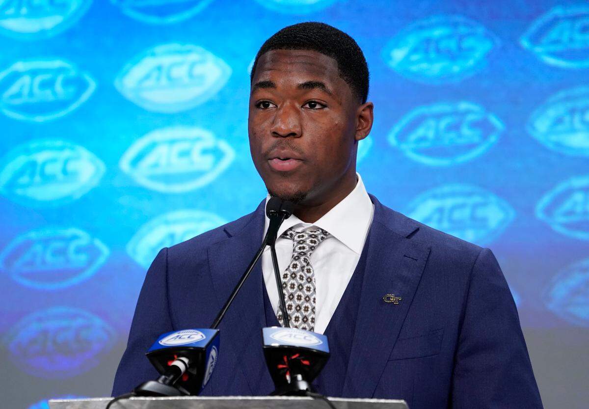 Georgia Tech’s Jalen Camp speaks during the Atlantic Coast Conference NCAA college football media days in Charlotte, N.C., Thursday, July 18, 2019.