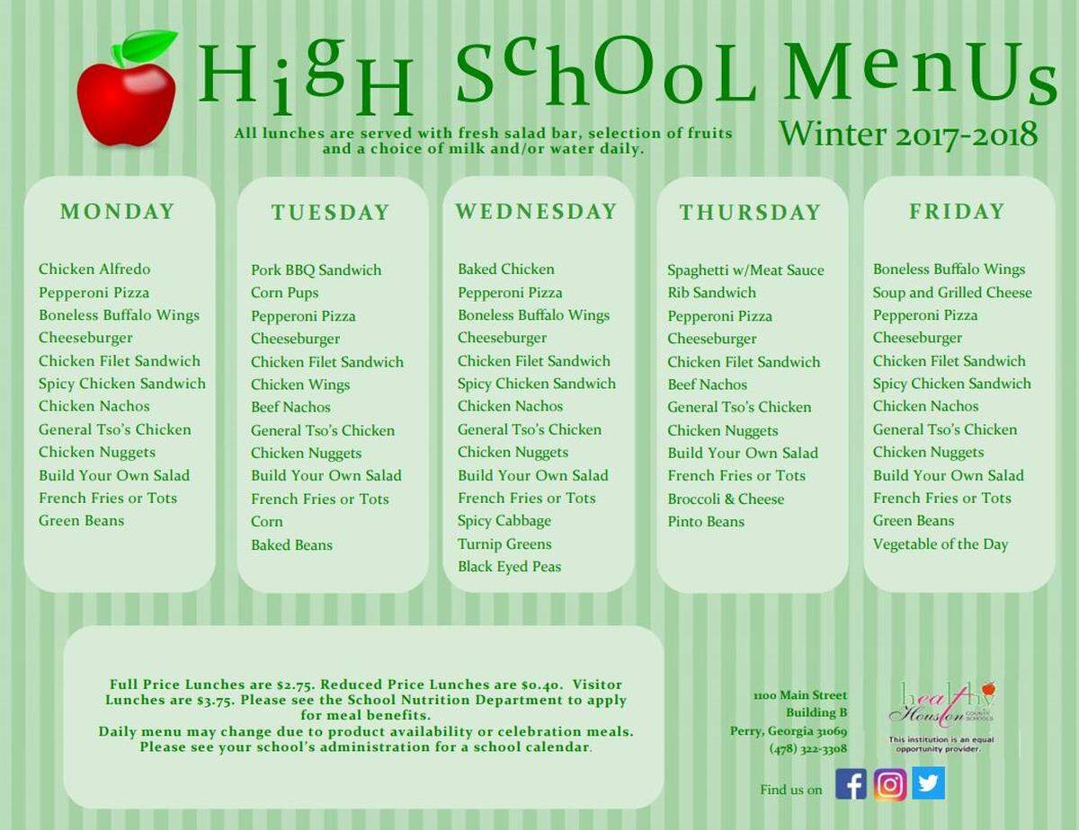 Students at Houston County high schools have about 10 entree options for lunch every day.