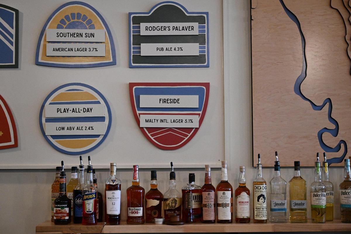 New signage hangs behind after the renovations at Ocmulgee Brewpub on Wednesday, July 9, 2025, in downtown Macon, Georgia. The restaurant’s changes include a full service bar, sit-down only dining and new signage.