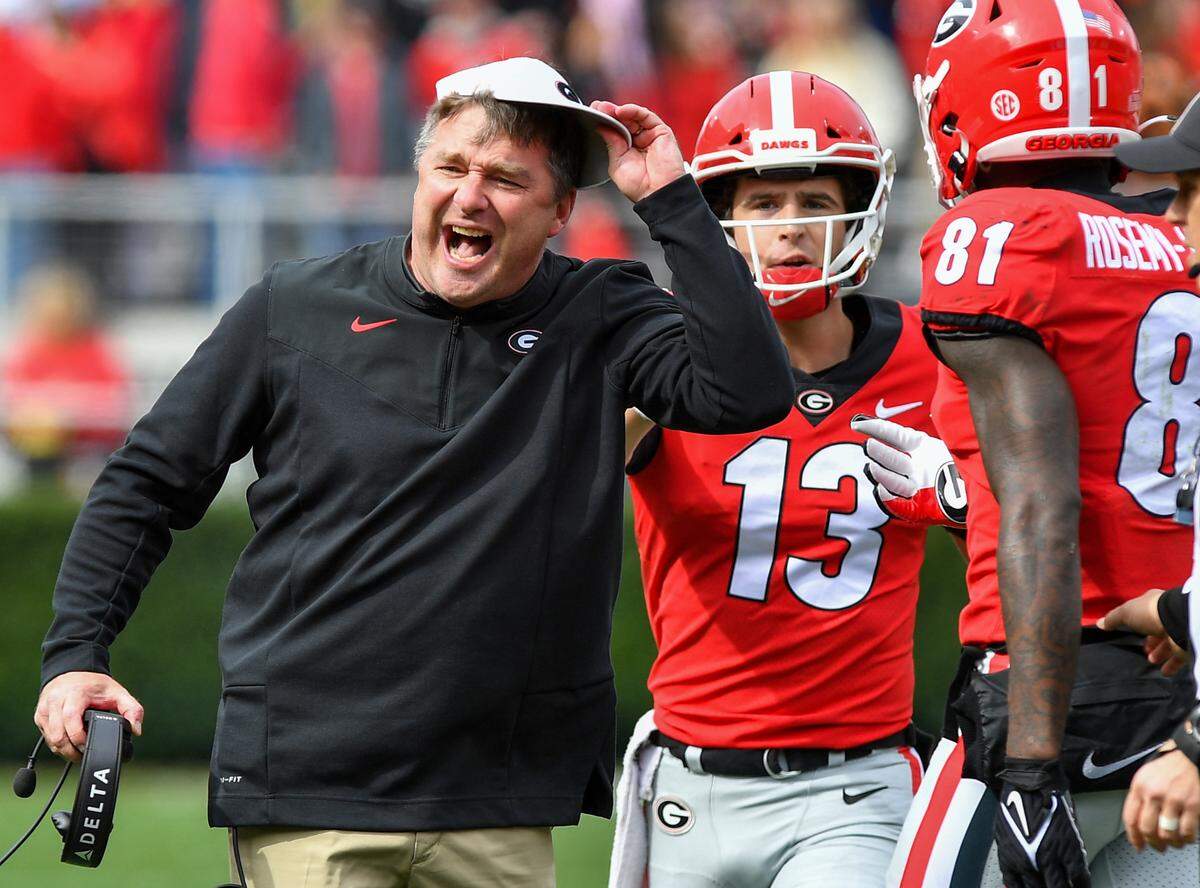 Georgia coach Kirby Smart appeared not to happy with a decision on the field by quarterback Stetson Bennett Saturday as the Dawgs beat Missouri 43-6.